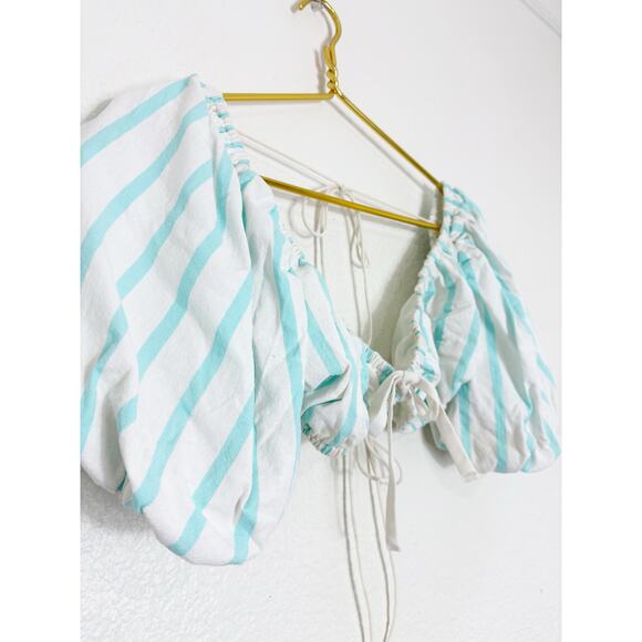 For Love & Lemons Myla Crop Top Size Large Tie Back Striped Puff Sleeve Preppy - Picture 4 of 12